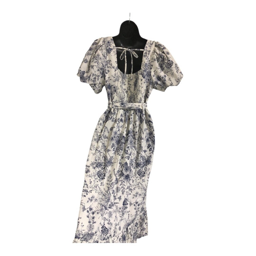 Cream‎ blue floral puff sleeve belted smocked square neck nap dress size medium - Picture 14 of 17